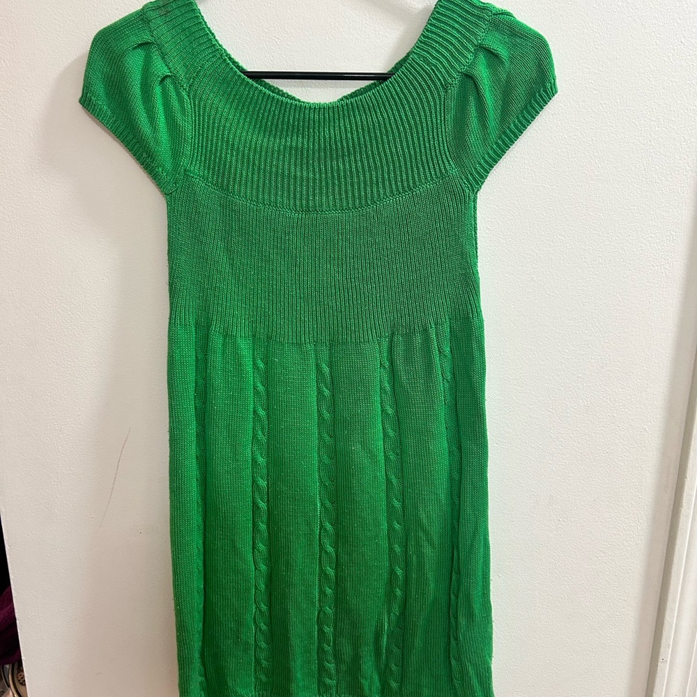 Clara Yoon Green Cable Knit Short Sleeve Scoop‎ Neck Mini Dress Ribbed Bodice